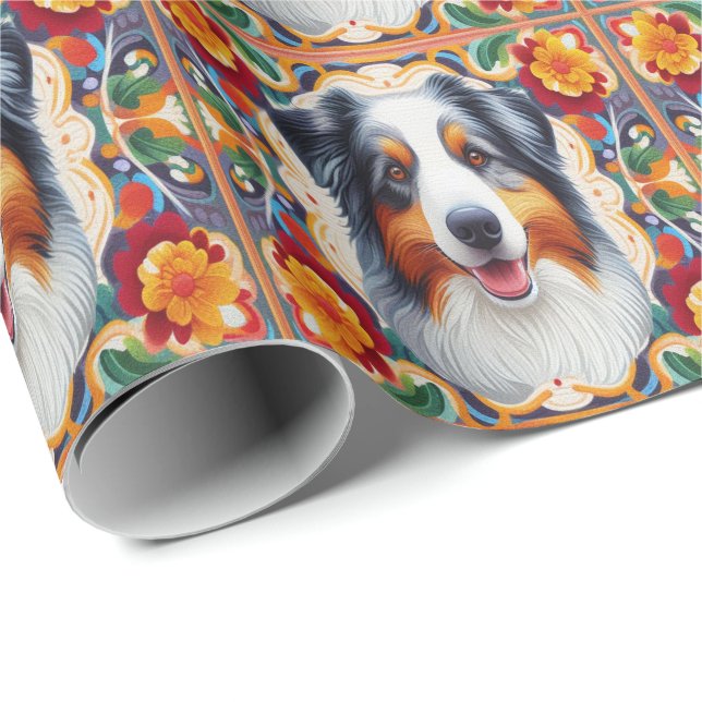 Australian Shepherd Dog Floral Colourful Border  Wrapping Paper (Roll Corner)
