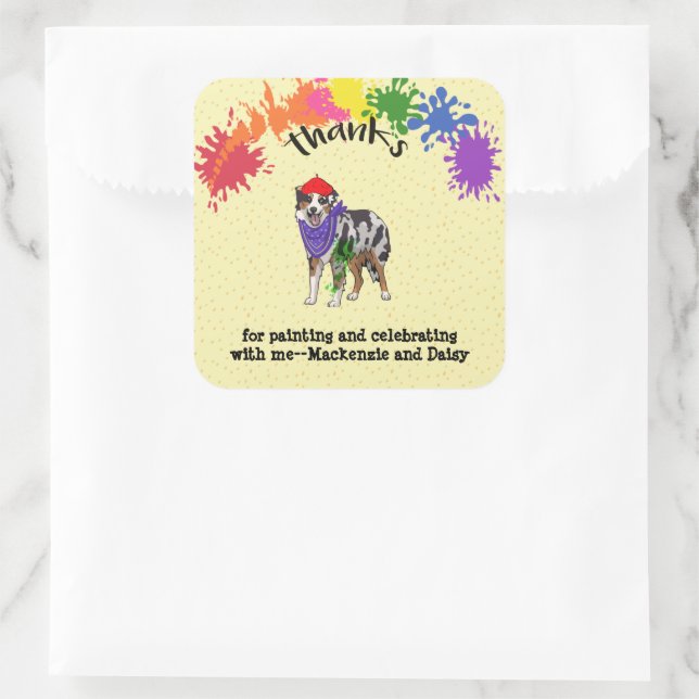 Australian Shepherd Dog Fun Art Birthday Party    Square Sticker (Bag)