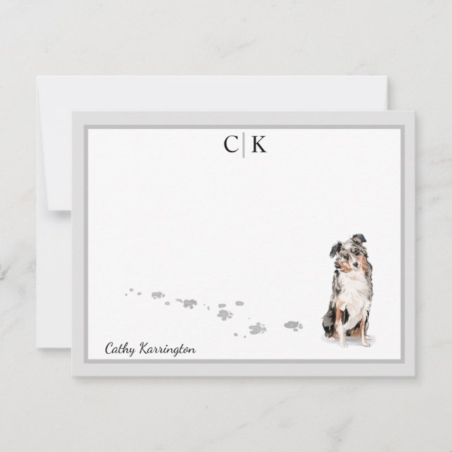 Australian Shepherd Dog Grey Border Monogram Name Card (Front)