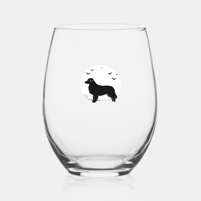 Australian Shepherd Dog � Halloween Moon Silhouett Stemless Wine Glass (Front)