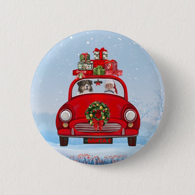 Australian Shepherd Dog In Car With Santa Claus  6 Cm Round Badge (Front)