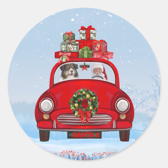 Australian Shepherd Dog In Car With Santa Claus  Classic Round Sticker (Front)