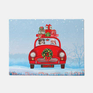 Australian Shepherd Dog In Car With Santa Claus  Doormat