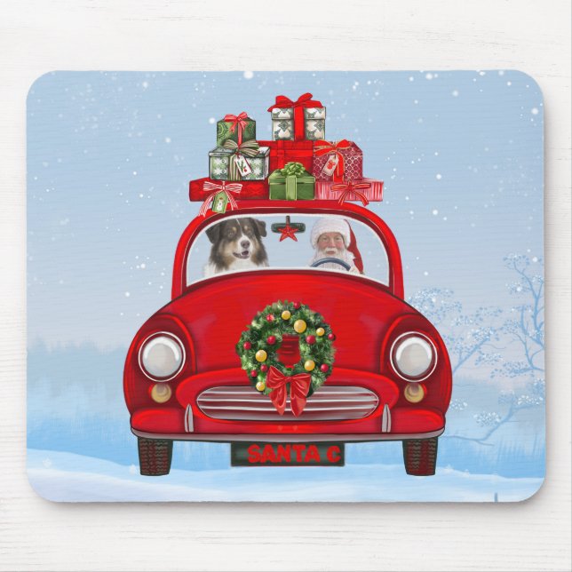 Australian Shepherd Dog In Car With Santa Claus  Mouse Mat (Front)