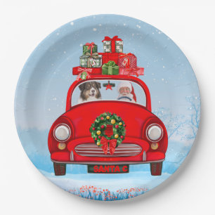 Australian Shepherd Dog In Car With Santa Claus Paper Plate