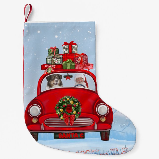 Australian Shepherd Dog In Car With Santa Claus  Small Christmas Stocking (Front)
