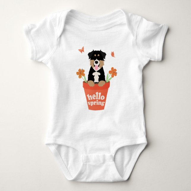 Australian Shepherd Dog In Flower Pot Baby Bodysuit (Front)
