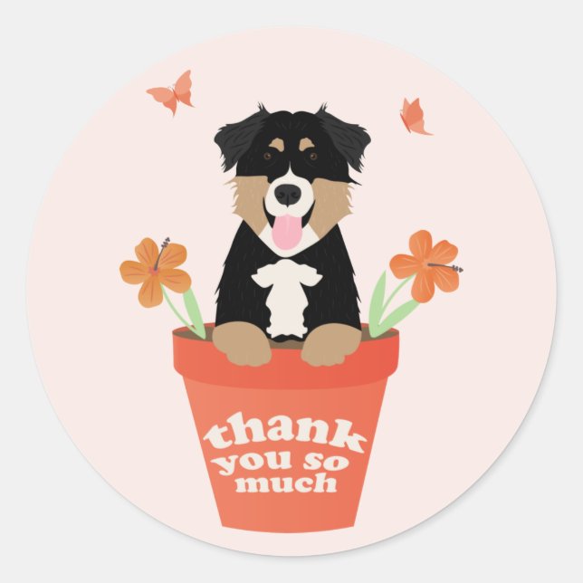 Australian Shepherd Dog In Flower Pot Thank You Classic Round Sticker (Front)
