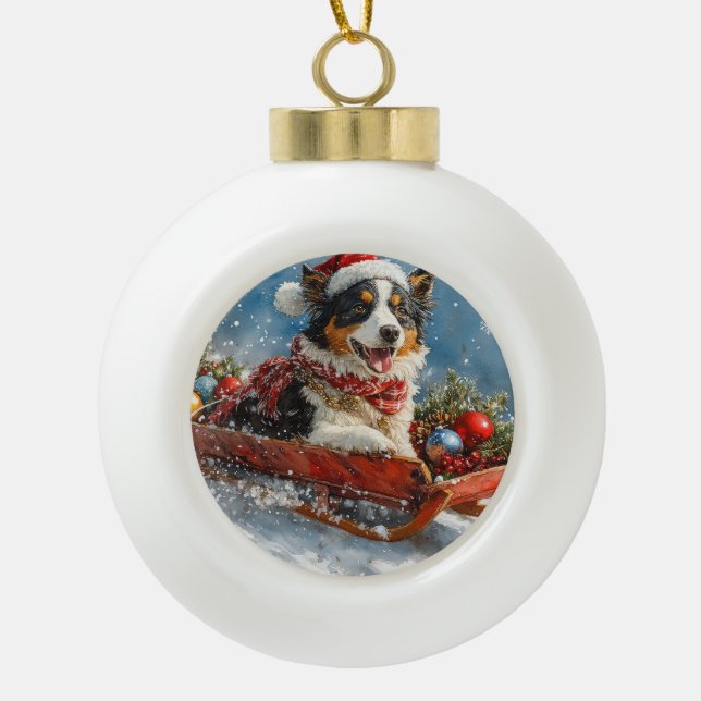 Australian Shepherd Dog in Sledge Chriistmas Ceramic Ball Christmas Ornament (Front)