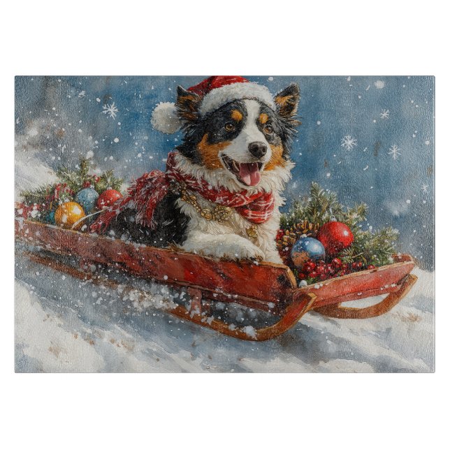 Australian Shepherd Dog in Sledge Chriistmas Cutting Board (Front)