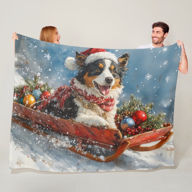 Australian Shepherd Dog in Sledge Chriistmas Fleece Blanket (In Situ)