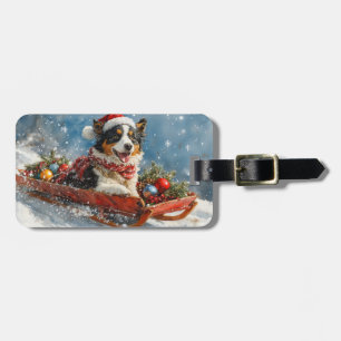 Australian Shepherd Dog in Sledge Chriistmas Luggage Tag