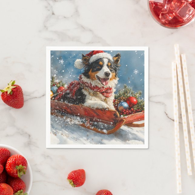 Australian Shepherd Dog in Sledge Chriistmas Napkin (Insitu)