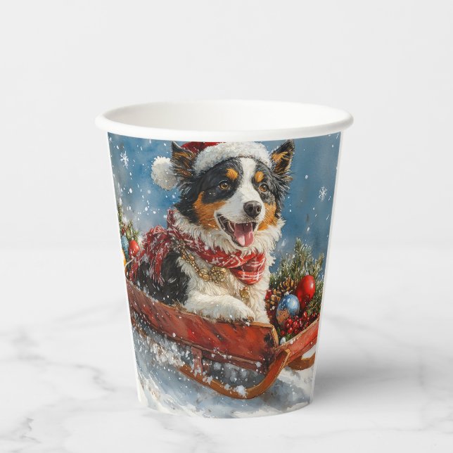 Australian Shepherd Dog in Sledge Chriistmas Paper Cups (Front)