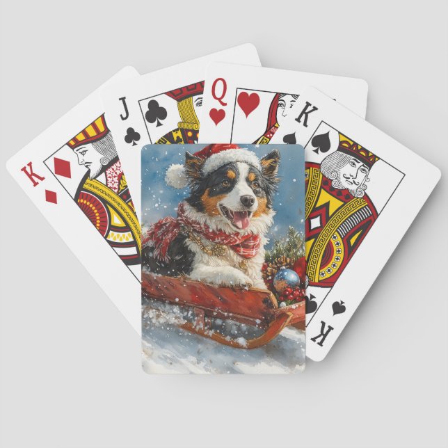 Australian Shepherd Dog in Sledge Chriistmas Playing Cards (Back)