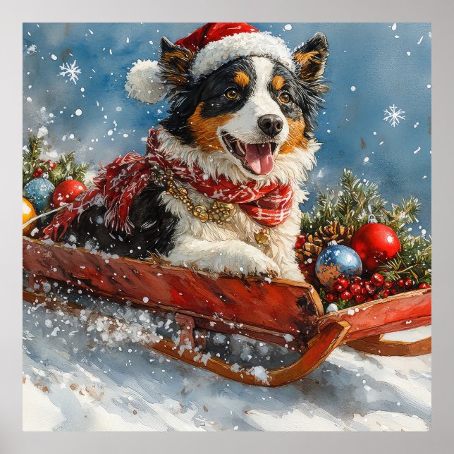 Australian Shepherd Dog in Sledge Chriistmas Poster (Front)