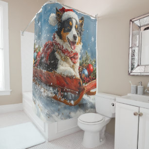 Australian Shepherd Dog in Sledge Chriistmas Shower Curtain
