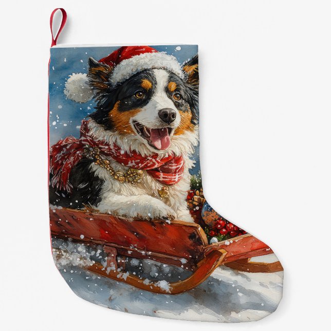 Australian Shepherd Dog in Sledge Chriistmas Small Christmas Stocking (Front)