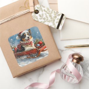 Australian Shepherd Dog in Sledge Chriistmas Square Sticker