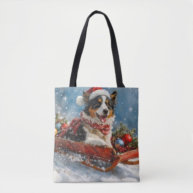 Australian Shepherd Dog in Sledge Chriistmas Tote Bag (Front)