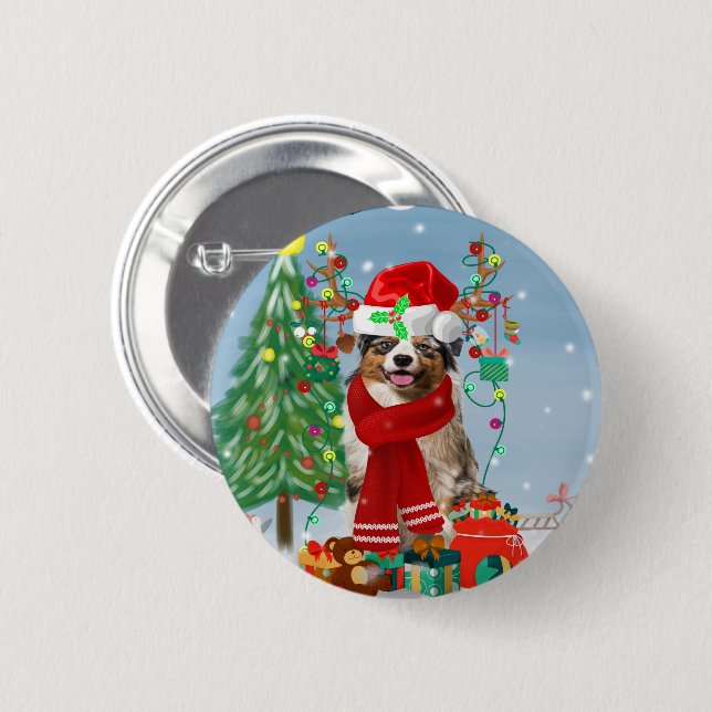 Australian Shepherd Dog in Snow Christmas  6 Cm Round Badge (Front & Back)