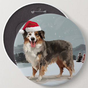 Australian Shepherd Dog in Snow Christmas  6 Cm Round Badge