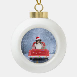 Australian Shepherd Dog in Snow Christmas Ceramic Ball Christmas Ornament
