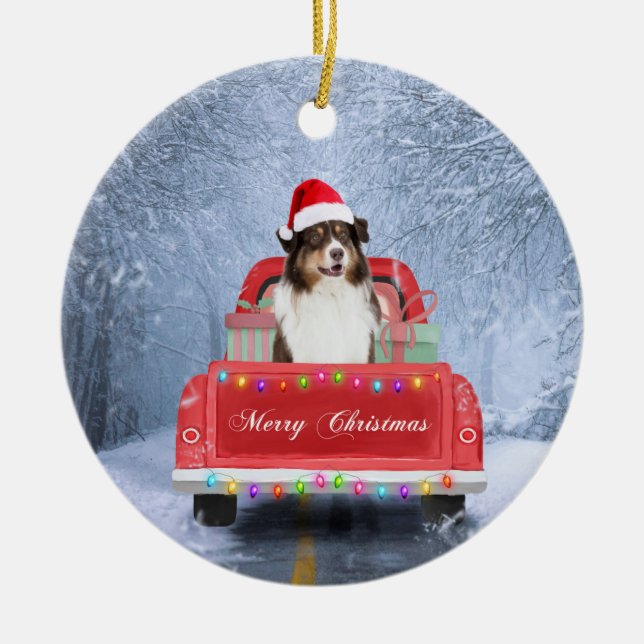 Australian Shepherd Dog in Snow Christmas Ceramic Tree Decoration (Front)