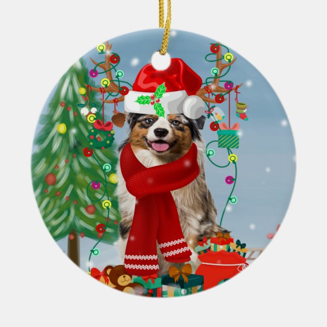 Australian Shepherd Dog in Snow Christmas  Ceramic Tree Decoration (Front)