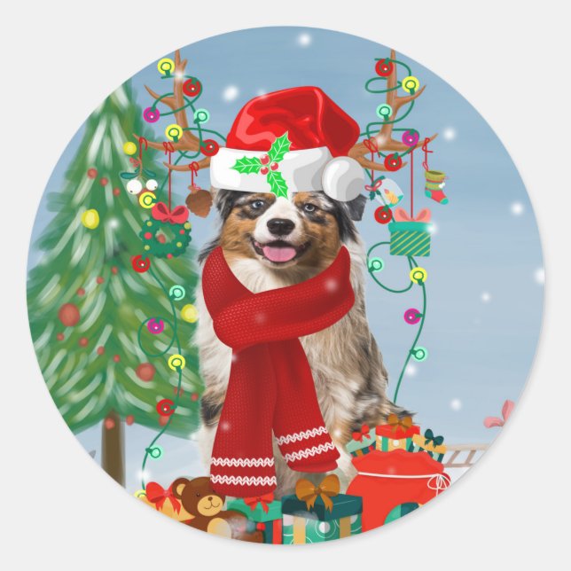 Australian Shepherd Dog in Snow Christmas  Classic Round Sticker (Front)