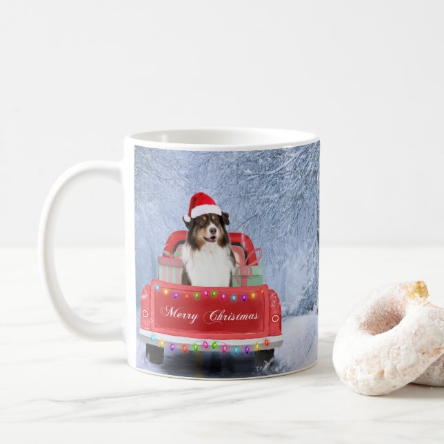 Australian Shepherd Dog in Snow Christmas  Coffee Mug (With Donut)