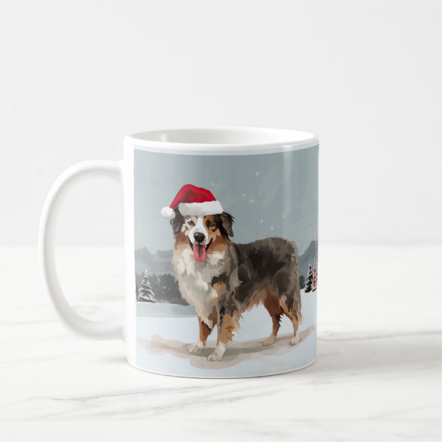 Australian Shepherd Dog in Snow Christmas  Coffee Mug (Left)