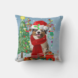 Australian Shepherd Dog in Snow Christmas  Cushion