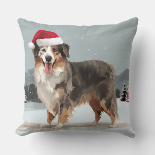 Australian Shepherd Dog in Snow Christmas Cushion