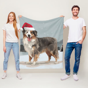 Australian Shepherd Dog in Snow Christmas Fleece Blanket