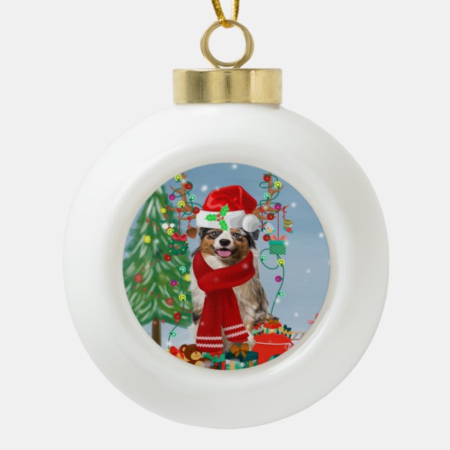 Australian Shepherd Dog in Snow Christmas Gift  Ceramic Ball Christmas Ornament (Front)
