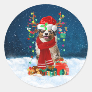 Australian Shepherd Dog in Snow Christmas Gift  Classic Round Sticker