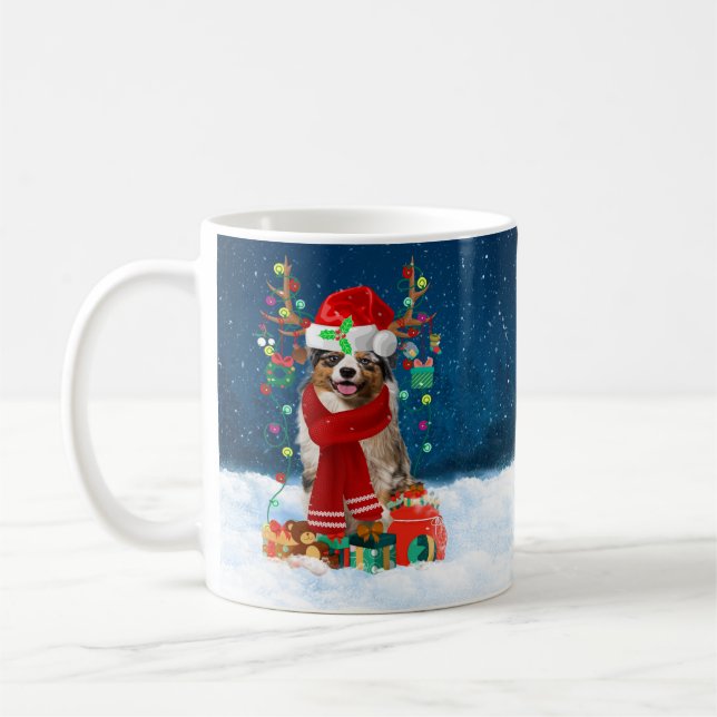 Australian Shepherd Dog in Snow Christmas Gift  Coffee Mug (Left)