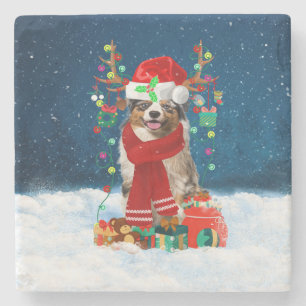 Australian Shepherd Dog in Snow Christmas Gift Stone Coaster