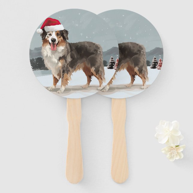 Australian Shepherd Dog in Snow Christmas  Hand Fan (Front and Back)
