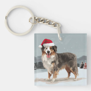 Australian Shepherd Dog in Snow Christmas  Key Ring