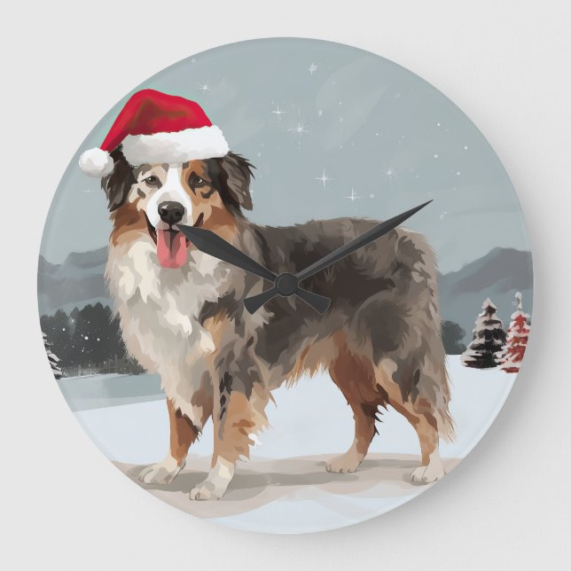 Australian Shepherd Dog in Snow Christmas  Large Clock (Front)
