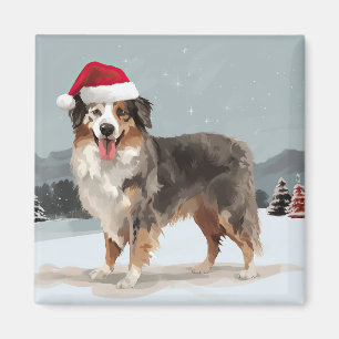 Australian Shepherd Dog in Snow Christmas Magnet