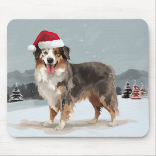Australian Shepherd Dog in Snow Christmas Mouse Mat