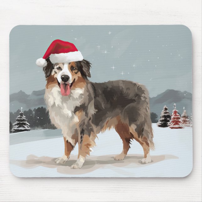 Australian Shepherd Dog in Snow Christmas  Mouse Mat (Front)