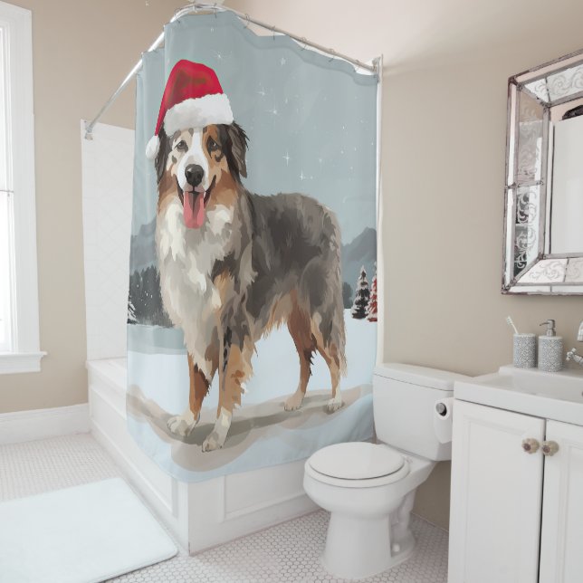 Australian Shepherd Dog in Snow Christmas  Shower Curtain (In Situ)