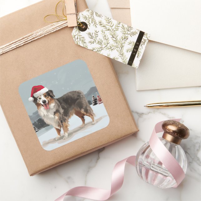 Australian Shepherd Dog in Snow Christmas  Square Sticker (Gifting)