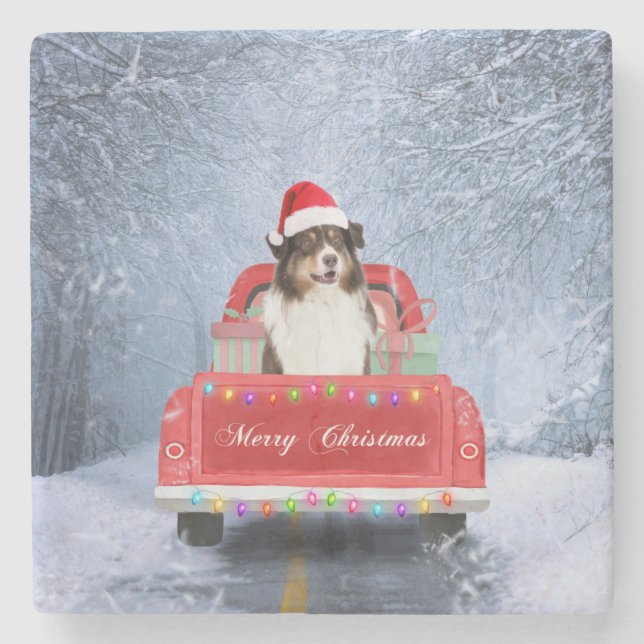 Australian Shepherd Dog in Snow Christmas  Stone Coaster (Front)