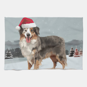 Australian Shepherd Dog in Snow Christmas  Tea Towel