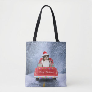 Australian Shepherd Dog in Snow Christmas Tote Bag
